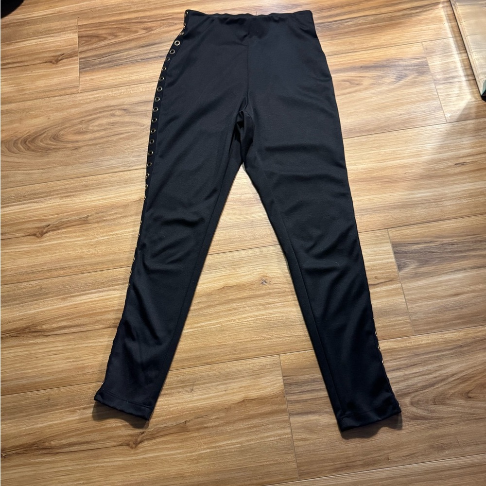 Chic Black Skinny Knit Pants with Gold Color Accent Detail